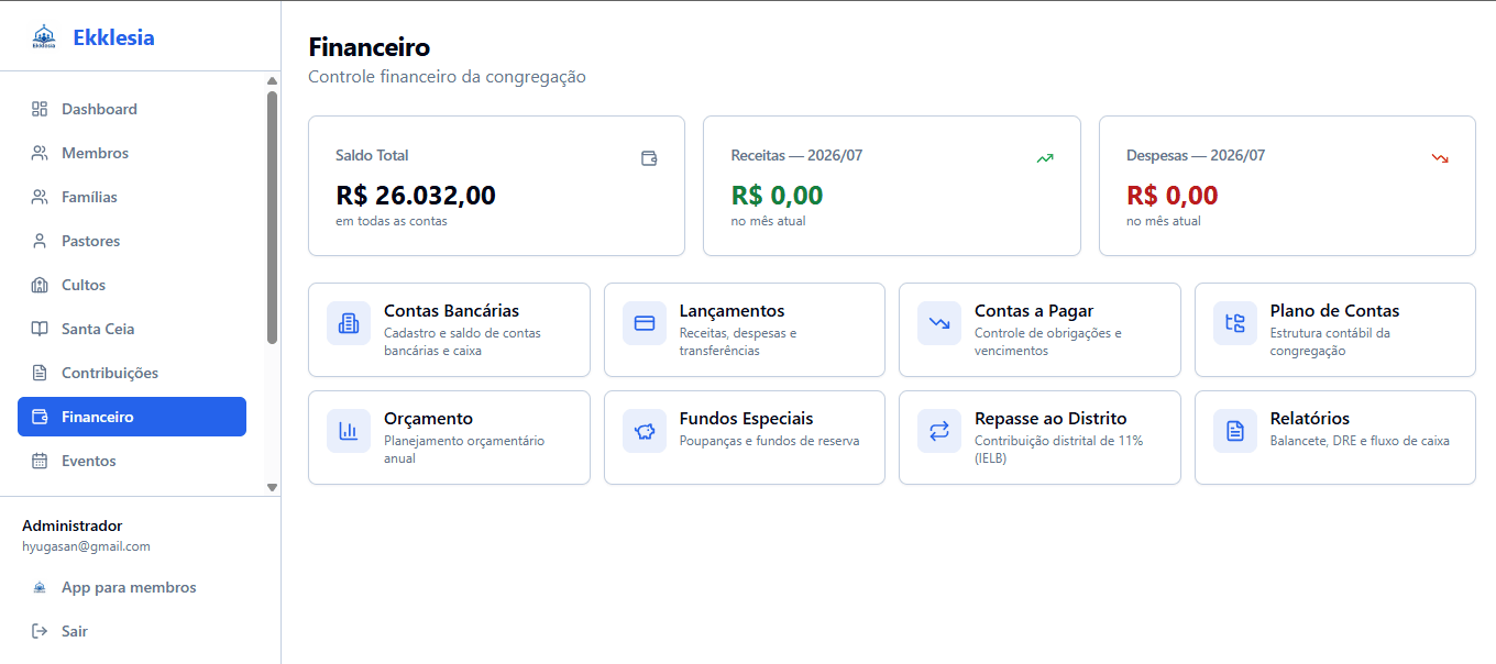 Módulo financeiro com contas, orçamento e repasse ao distrito