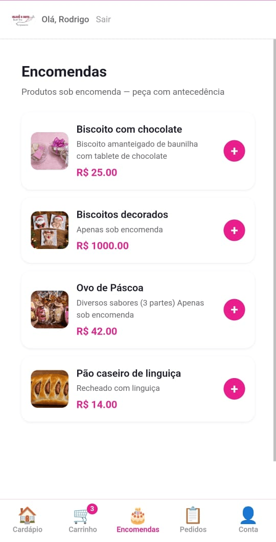 Aba de encomendas do app cliente da Glacê & Arte